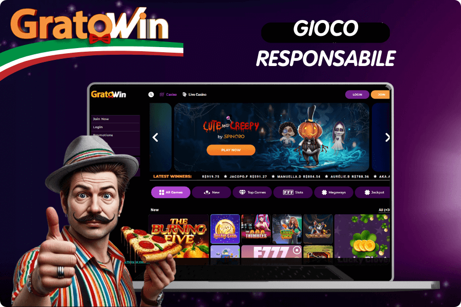Infografica sul gioco responsabile su Gratowin Italia con limiti di scommessa, autoesclusione, timeout, formazione del personale e risorse esterne come Gambling Therapy per un ambiente di gioco sicuro e controllato