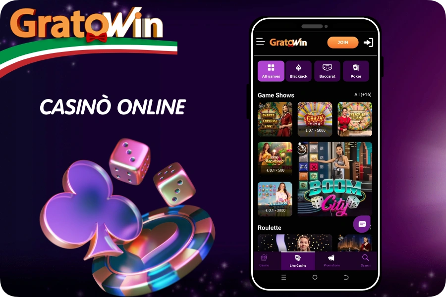 Interfaccia principale del GratoWin Casinò Online con accesso rapido a 1700+ giochi, bonus fino a 3000€ e supporto 24/7 per giocatori italiani in cerca di divertimento e sicurezza
