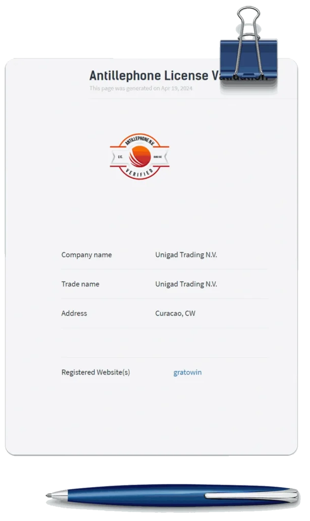 Certificati di licenza di Grato Win Casino con Curacao Antillephone 8048/JAZ2017-072 e Cipro, crittografia SSL 256-bit e verifica indipendente dei giochi per garantire sicurezza e trasparenza nel casinò online in Italia