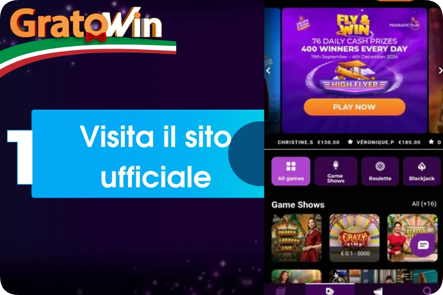 Primo passo registrazione su Casinò Gratowin: homepage del sito ufficiale con logo, pulsanti "Registrati" e "Accedi" per iniziare bonus fino a 3000€ e 1700+ giochi in Italia