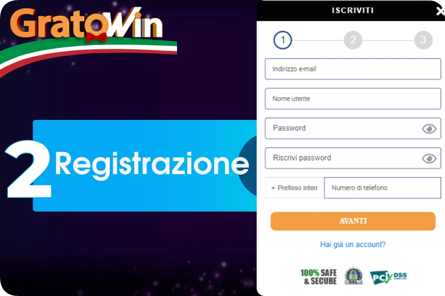 Modulo registrazione GratoWin Casinò Online: form con campi email, password, nome completo e data di nascita per creare account in 2 minuti con bonus benvenuto immediato