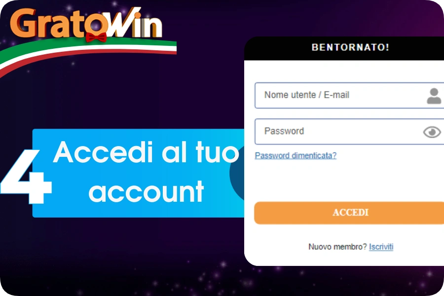 Schermata login GratoWin Casino: interfaccia accesso account con campi email/password per entrare e attivare bonus 3000€ + giri gratis dopo registrazione completata
