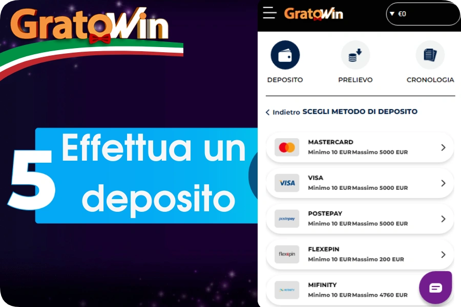Cassa GratoWin Casinò per primo deposito: sezione pagamenti con metodi Visa, crypto, Multibanco da 10€ per attivare bonus benvenuto e giocare immediatamente