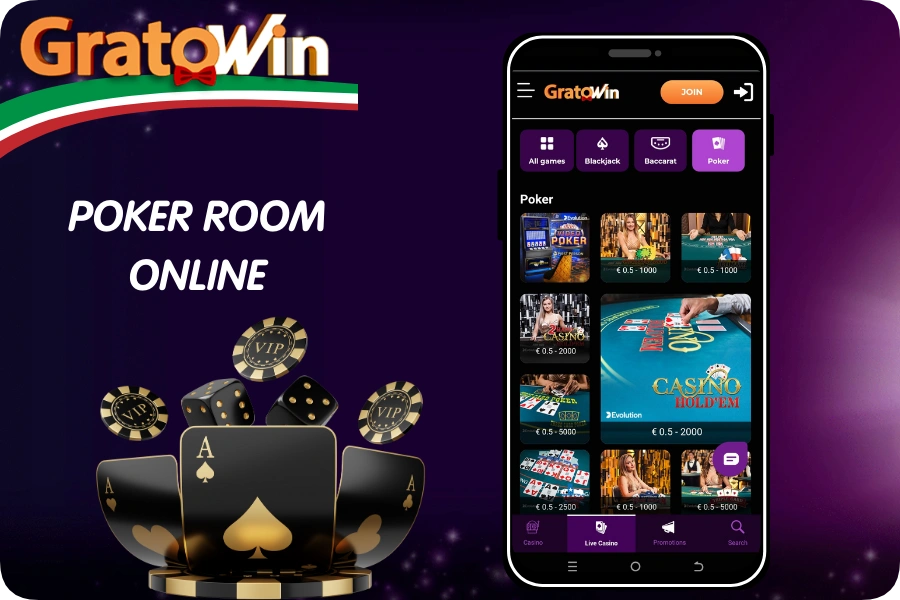 Sala poker online su GratoWin Casino Online con 9 tavoli dedicati, puntate da 0,5€ a 5000€, tornei con premi e chat live per strategie interattive e gioco 24/7 in Italia