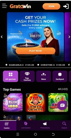 Schermata principale di Casinò Gratowin con banner promozionale "Get Your Cash Prizes Now" per roulette live, jackpot e accesso rapido a oltre 1700 giochi con bonus di benvenuto