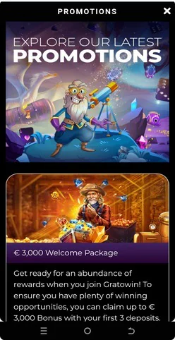 Sezione promozioni su Gratowin Casinò con offerte speciali, €3000 Welcome Package e ricompense per nuovi iscritti con giri gratuiti e bonus sui primi tre depositi