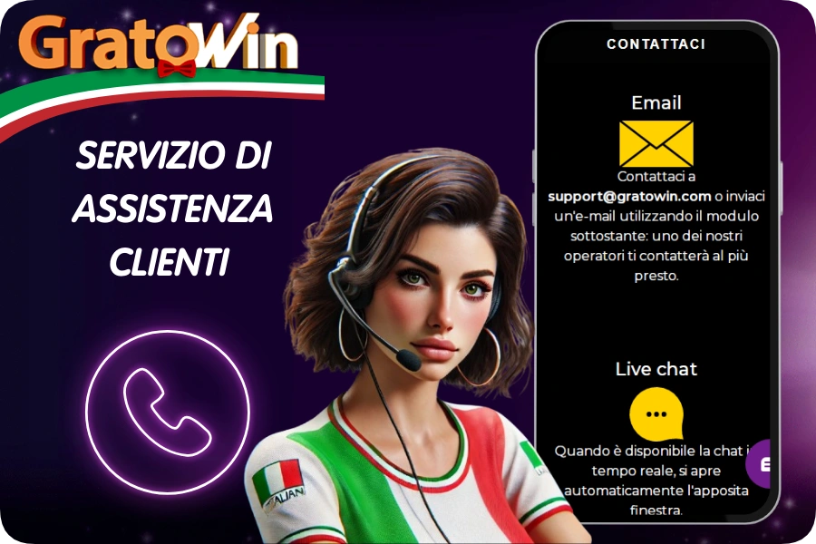 Schermata del servizio clienti su Grato Win Casino con chat dal vivo 24/7, email, FAQ e supporto professionale per risolvere problemi di registrazione, depositi e bonus in pochi minuti in Italia